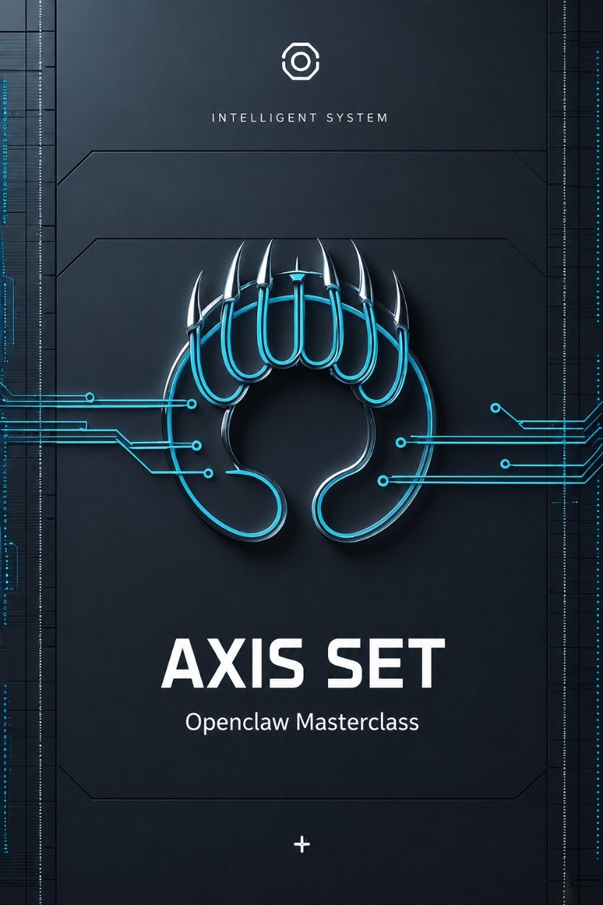 A digital cover graphic for the 'AXIS SET: Openclaw Masterclass' by Klyvenorixora. The design features a dark gray background with a glowing cyan stylized claw logo in the center, circuit board lines, and white text.
