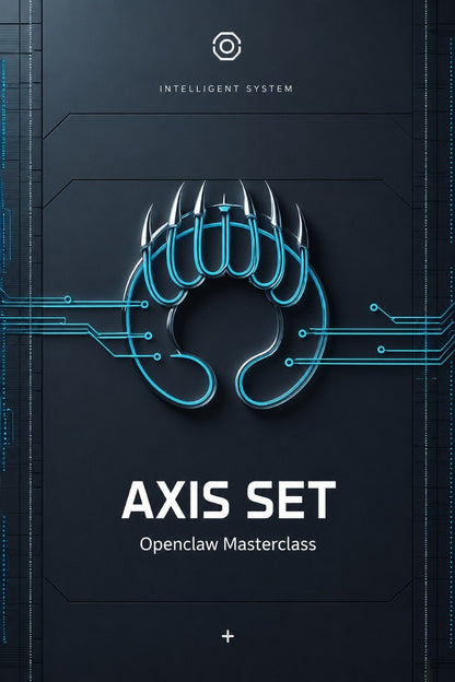 A digital cover graphic for the 'AXIS SET: Openclaw Masterclass' by Klyvenorixora. The design features a dark gray background with a glowing cyan stylized claw logo in the center, circuit board lines, and white text.