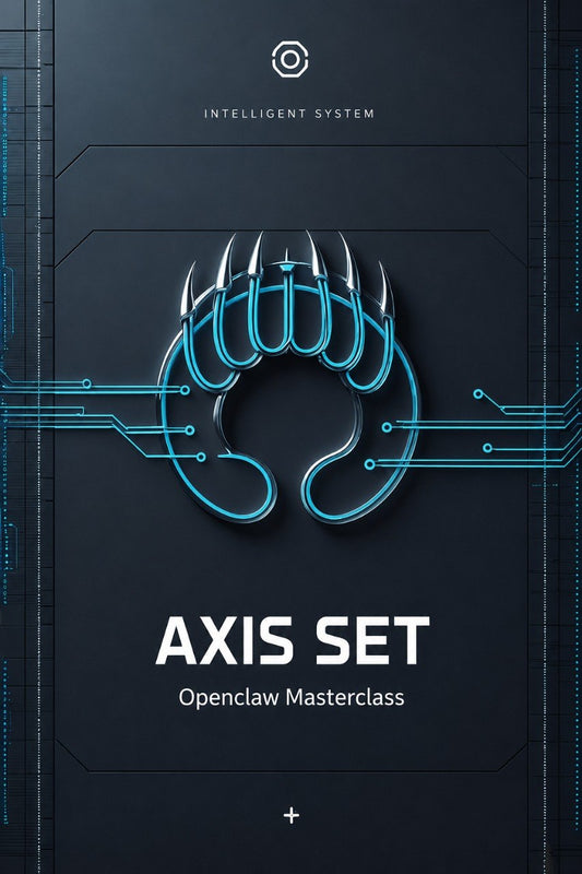 A digital cover graphic for the 'AXIS SET: Openclaw Masterclass' by Klyvenorixora. The design features a dark gray background with a glowing cyan stylized claw logo in the center, circuit board lines, and white text.