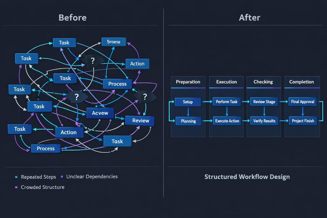 A digital infographic comparing 'Before' and 'After' states of systems engineering, presented on a dark chalkboard background. The left side, labeled 'Before', shows a cluttered, messy diagram with various tech icons, warning signs, and text like 'Separate Technical Skills' and 'Fragmented Project Plan'.
