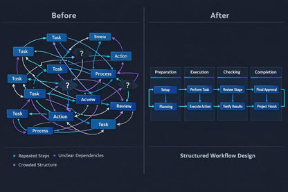 A digital infographic comparing 'Before' and 'After' states of systems engineering, presented on a dark chalkboard background. The left side, labeled 'Before', shows a cluttered, messy diagram with various tech icons, warning signs, and text like 'Separate Technical Skills' and 'Fragmented Project Plan'.