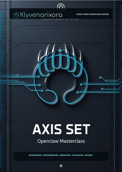 A digital cover design for 'Axis Set: Openclaw Masterclass' by Klyvenorixora, featuring a stylized glowing blue claw logo on a dark gray, futuristic tech-themed background with circuit board lines.