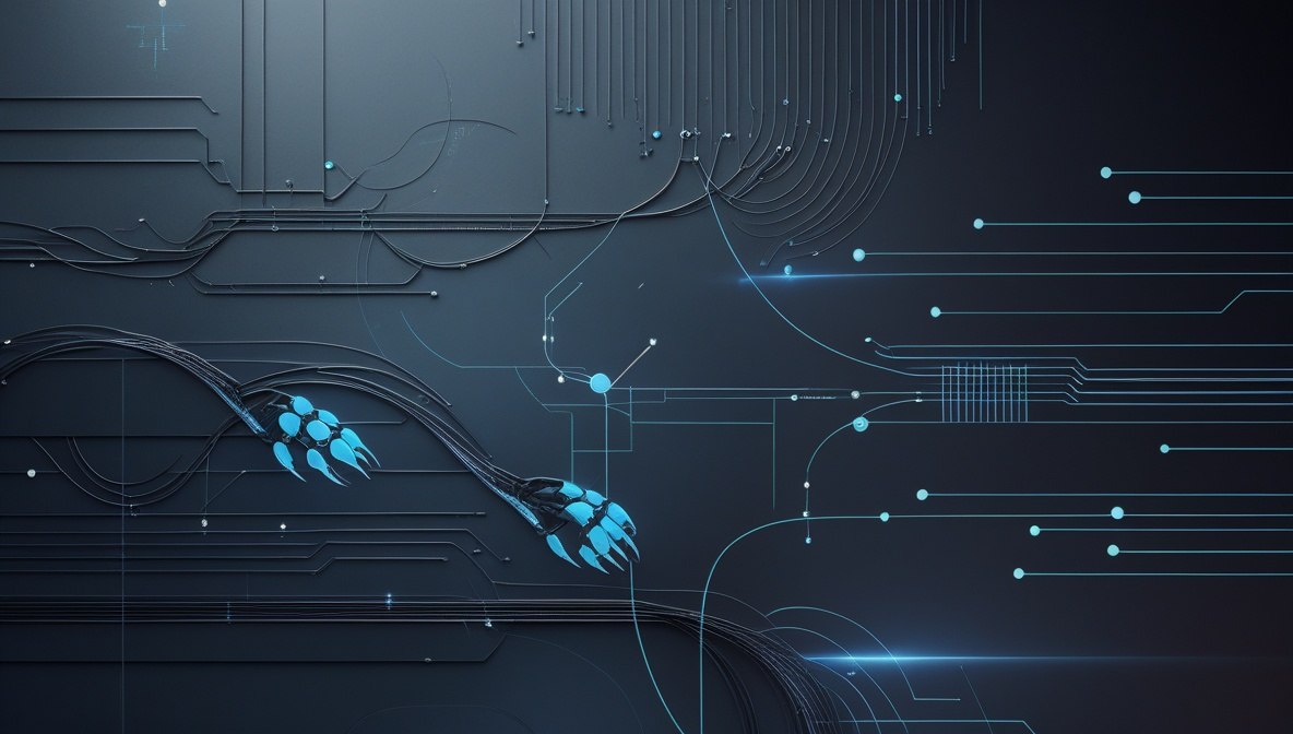 Abstract digital background featuring a dark textured surface on the left and a glowing copper-blue illuminated section on the right, overlaid with fine grid lines and small glowing blue dots.