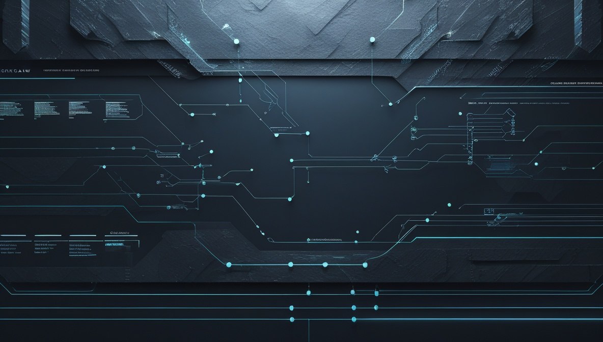 Abstract digital background featuring a dark textured surface on the left and a glowing copper-blue illuminated section on the right, overlaid with fine grid lines and small glowing blue dots.