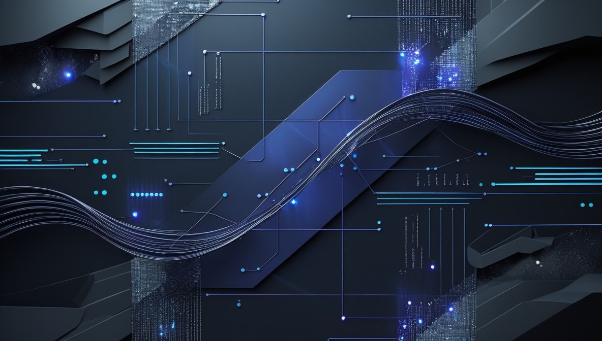 Abstract digital background featuring a dark textured surface on the left and a glowing copper-blue illuminated section on the right, overlaid with fine grid lines and small glowing blue dots.