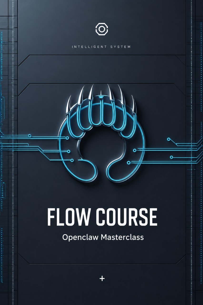 A digital cover graphic for the 'FLOW COURSE: Openclaw Masterclass' by Klyvenorixora. The design features a dark gray background with a glowing cyan stylized claw logo in the center, circuit board lines, and white text
