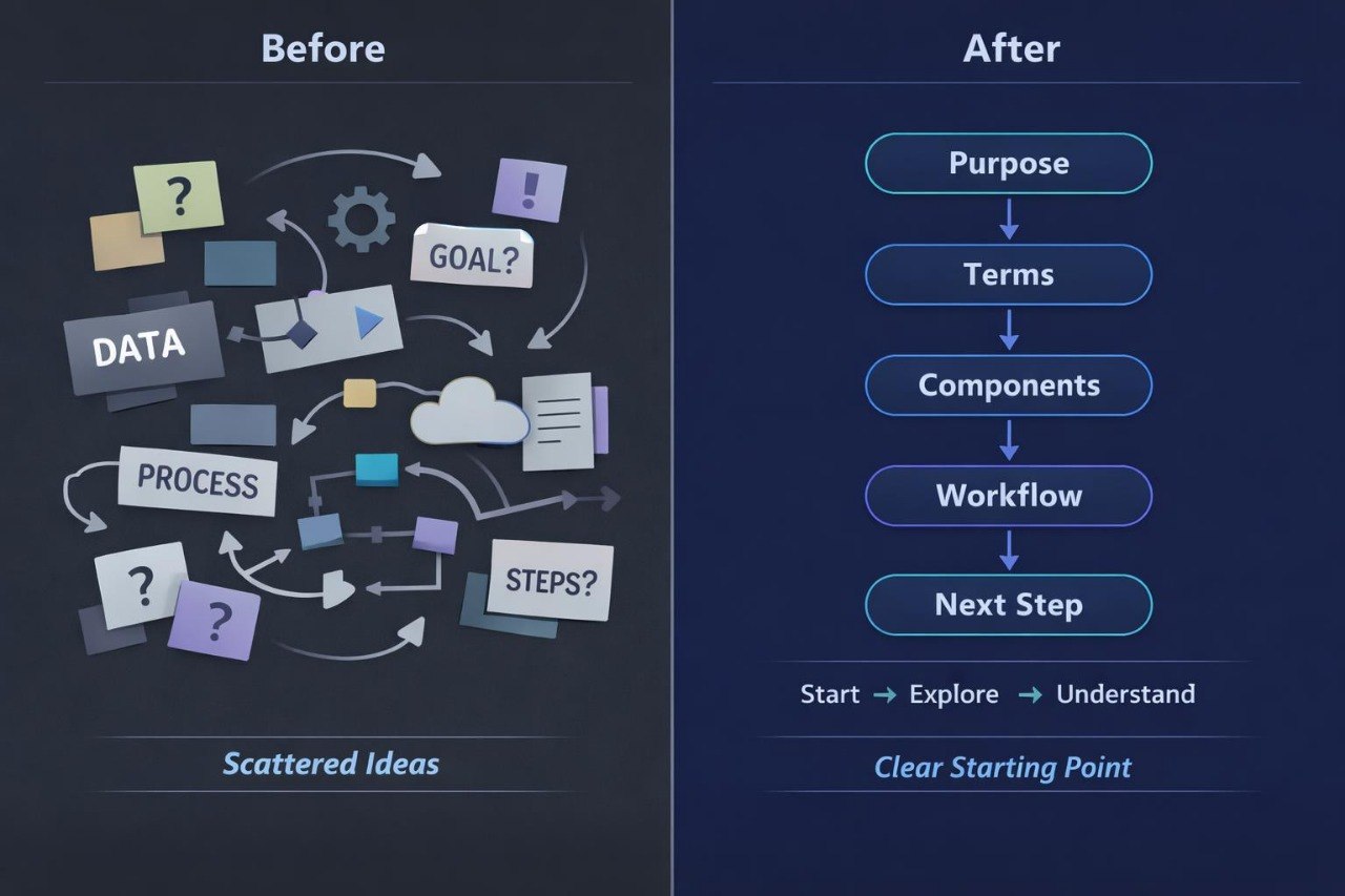 A digital infographic comparing 'Before' and 'After' states of systems engineering, presented on a dark chalkboard background. The left side, labeled 'Before', shows a cluttered, messy diagram with various tech icons, warning signs, and text like 'Separate Technical Skills' and 'Fragmented Project Plan'.