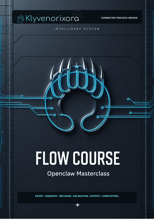 A digital cover graphic for the 'FLOW COURSE: Openclaw Masterclass' by Klyvenorixora. The design features a dark gray background with a glowing cyan stylized claw logo in the center, circuit board lines, and white text.