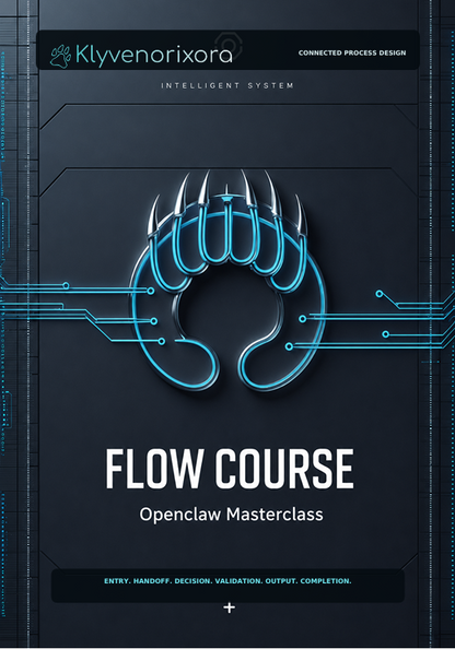 A digital cover graphic for the 'FLOW COURSE: Openclaw Masterclass' by Klyvenorixora. The design features a dark gray background with a glowing cyan stylized claw logo in the center, circuit board lines, and white text.
