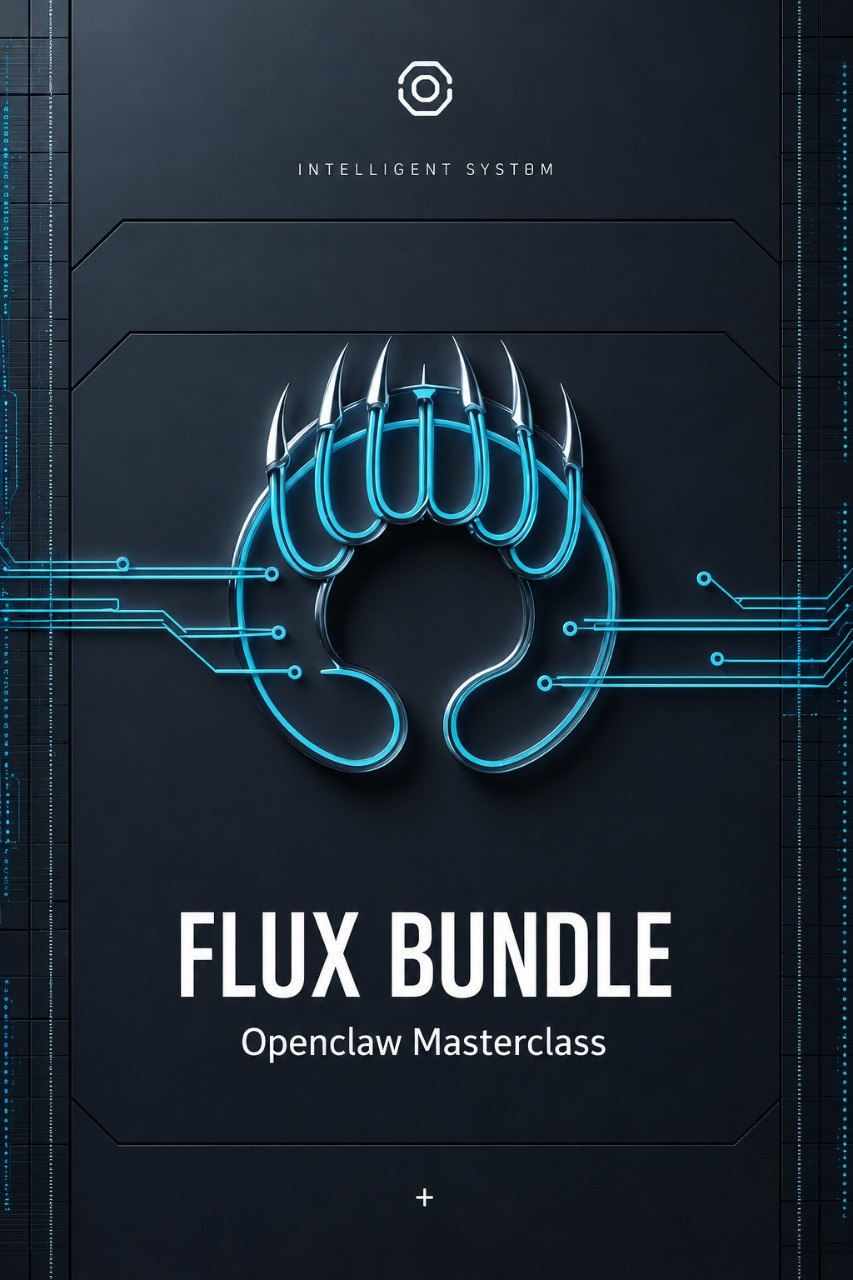 A digital cover graphic for the 'FLUX BUNDLE: Openclaw Masterclass' by Klyvenorixora. The design features a dark gray background with a glowing cyan stylized claw logo in the center, circuit board lines, and white text.