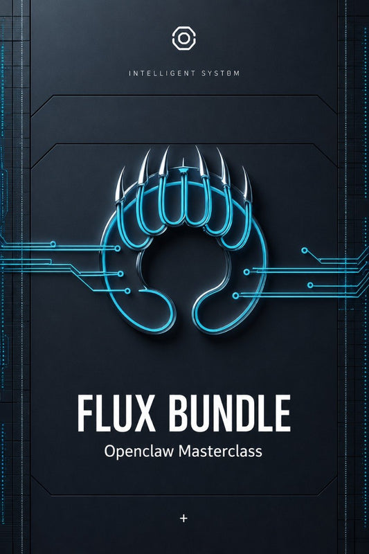 A digital cover graphic for the 'FLUX BUNDLE: Openclaw Masterclass' by Klyvenorixora. The design features a dark gray background with a glowing cyan stylized claw logo in the center, circuit board lines, and white text.