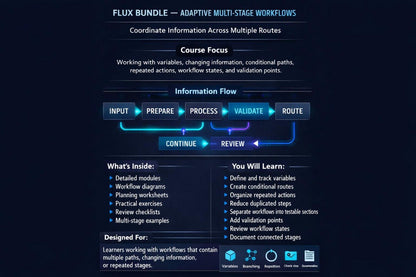 A digital cover or promotional graphic for a product titled 'Flux Bundle', featuring a dark futuristic interface with glowing blue text and interface elements on a black background.