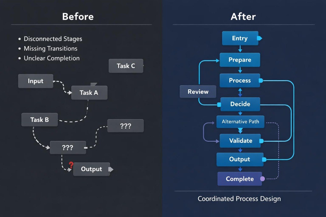 A digital infographic comparing 'Before' and 'After' states of systems engineering, presented on a dark chalkboard background. The left side, labeled 'Before', shows a cluttered, messy diagram with various tech icons, warning signs, and text like 'Separate Technical Skills' and 'Fragmented Project Plan'.