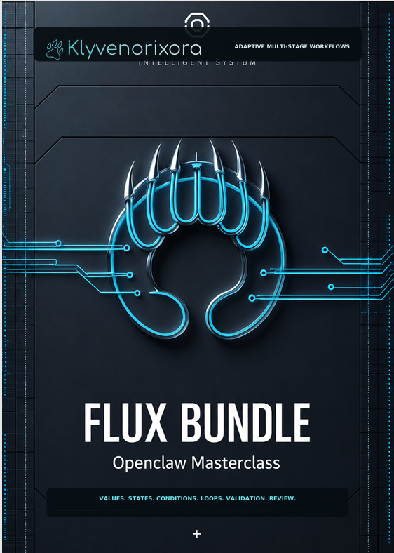 A digital cover graphic for 'FLUX BUNDLE Openclaw Masterclass' by Klyvenorixora, featuring a glowing cyan stylized claw logo on a dark textured background with circuit board lines.