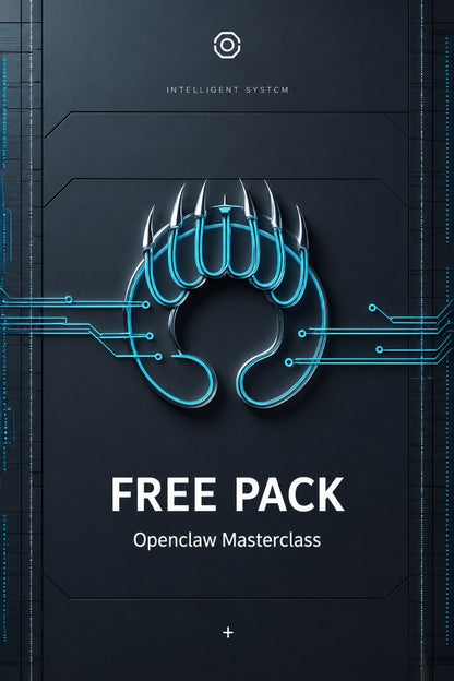 A digital cover graphic for the 'FREE PACK: Openclaw Masterclass' by Klyvenorixora. The design features a dark gray background with a glowing cyan stylized claw logo in the center, circuit board lines, and white text.