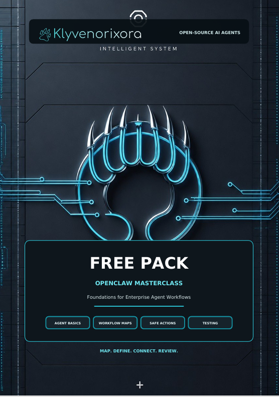 Promotional graphic for a digital product, featuring a dark futuristic design with a glowing blue robotic claw logo and circuit board patterns. The text reads 'Klyvenorixora' at the top, 'FREE PACK' in the center, and 'OPENCLAW MASTERCLASS' below it, with several feature buttons at the bottom.