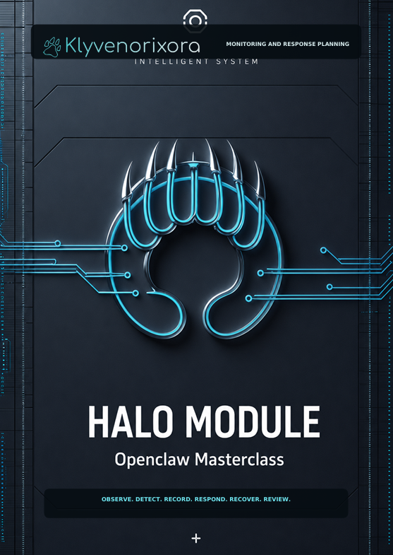 Promotional graphic for the 'HALO MODULE Openclaw Masterclass' by Klyvenorixora, featuring a glowing blue claw-shaped logo on a dark gray background with circuit board details.