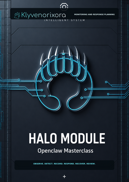 Promotional graphic for the 'HALO MODULE Openclaw Masterclass' by Klyvenorixora, featuring a glowing blue claw-shaped logo on a dark gray background with circuit board details.