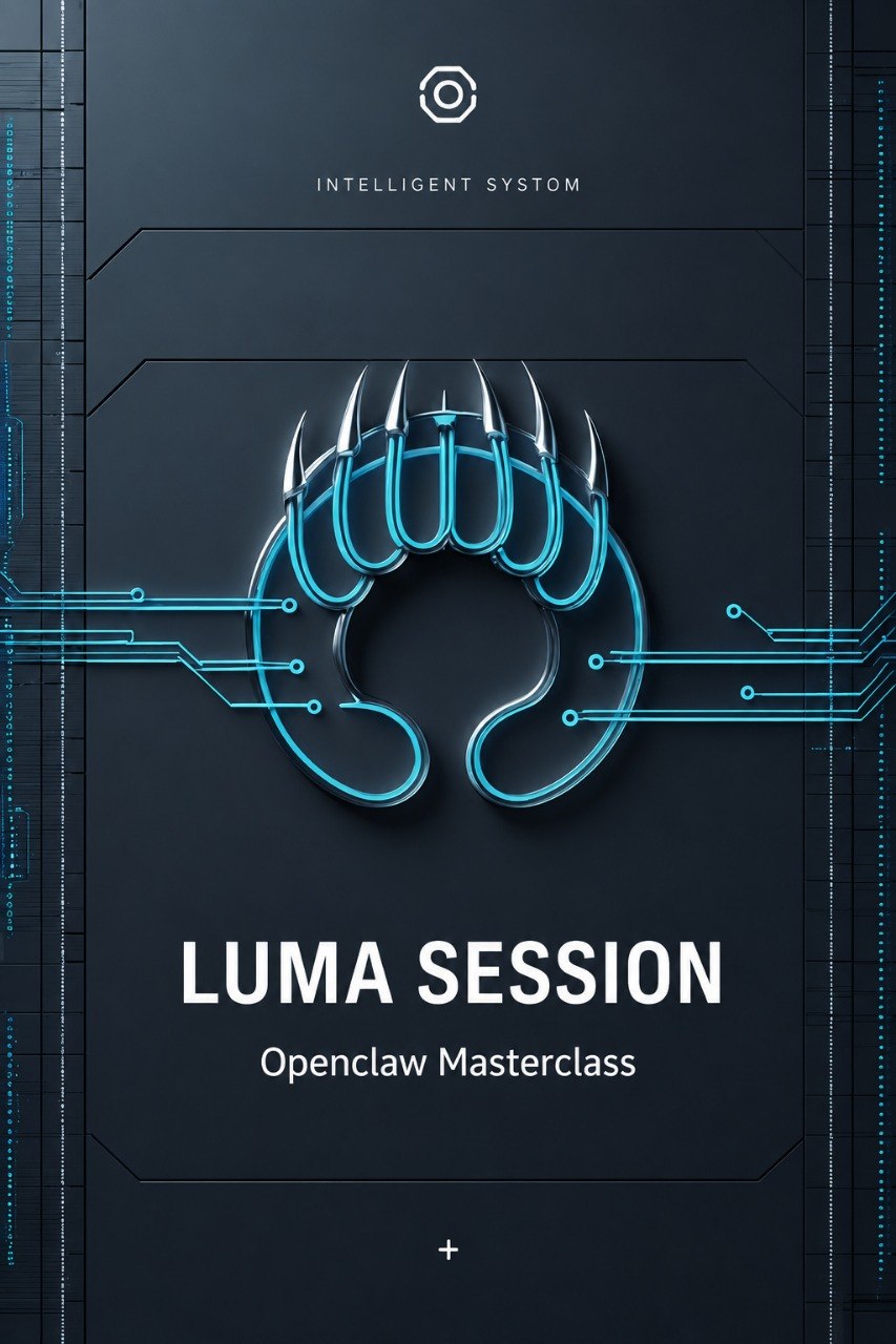 A digital cover graphic for the 'LUMA SESSION: Openclaw Masterclass' by Klyvenorixora. The design features a dark gray background with a glowing cyan stylized claw logo in the center, circuit board lines, and white text.