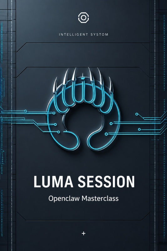 A digital cover graphic for the 'LUMA SESSION: Openclaw Masterclass' by Klyvenorixora. The design features a dark gray background with a glowing cyan stylized claw logo in the center, circuit board lines, and white text.