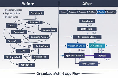 A digital infographic comparing 'Before' and 'After' states of systems engineering, presented on a dark chalkboard background. The left side, labeled 'Before', shows a cluttered, messy diagram with various tech icons, warning signs, and text like 'Separate Technical Skills' and 'Fragmented Project Plan'.