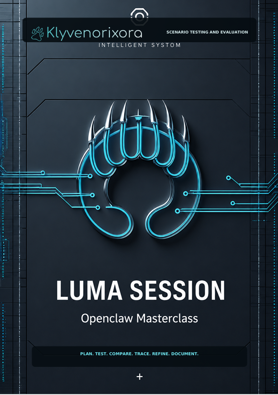 A digital cover graphic for the 'LUMA SESSION: Openclaw Masterclass' by Klyvenorixora. The design features a dark gray background with a glowing cyan stylized claw logo in the center, circuit board lines, and white text.