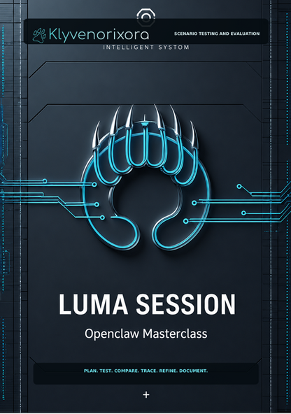A digital cover graphic for the 'LUMA SESSION: Openclaw Masterclass' by Klyvenorixora. The design features a dark gray background with a glowing cyan stylized claw logo in the center, circuit board lines, and white text.