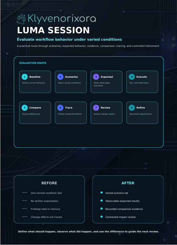 An infographic poster titled 'LUMA SESSION' by Klyvenorixora, detailing a software course route from scattered values to structured types, with diagrams, before-and-after learning comparisons, and a course route timeline on a dark grid background.