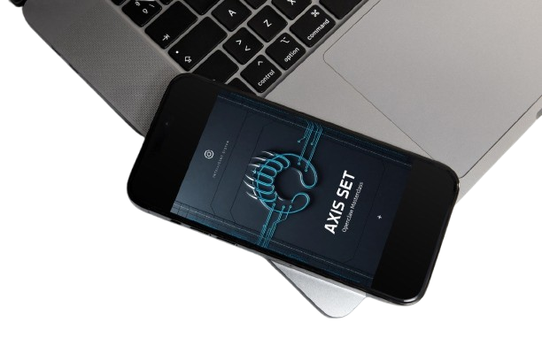 A smartphone on a small display stand showing the 'VERTEX GUIDE' logo on its screen, set against a dark gray textured background.