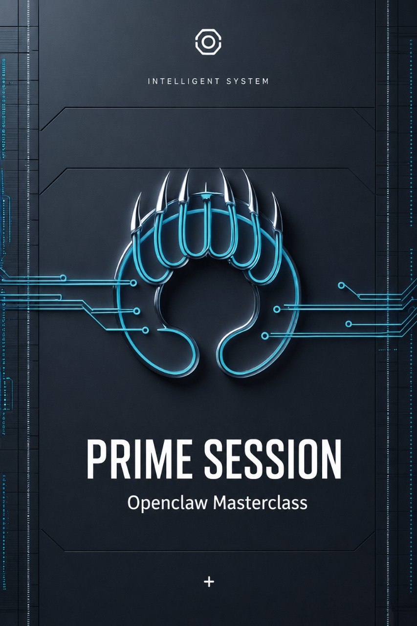 A digital cover graphic for the 'PRIME SESSION: Openclaw Masterclass' by Klyvenorixora. The design features a dark gray background with a glowing cyan stylized claw logo in the center, circuit board lines, and white text.