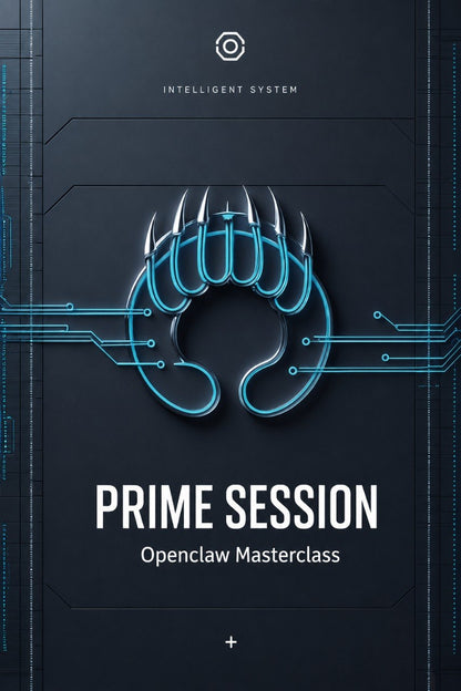 A digital cover graphic for the 'PRIME SESSION: Openclaw Masterclass' by Klyvenorixora. The design features a dark gray background with a glowing cyan stylized claw logo in the center, circuit board lines, and white text.