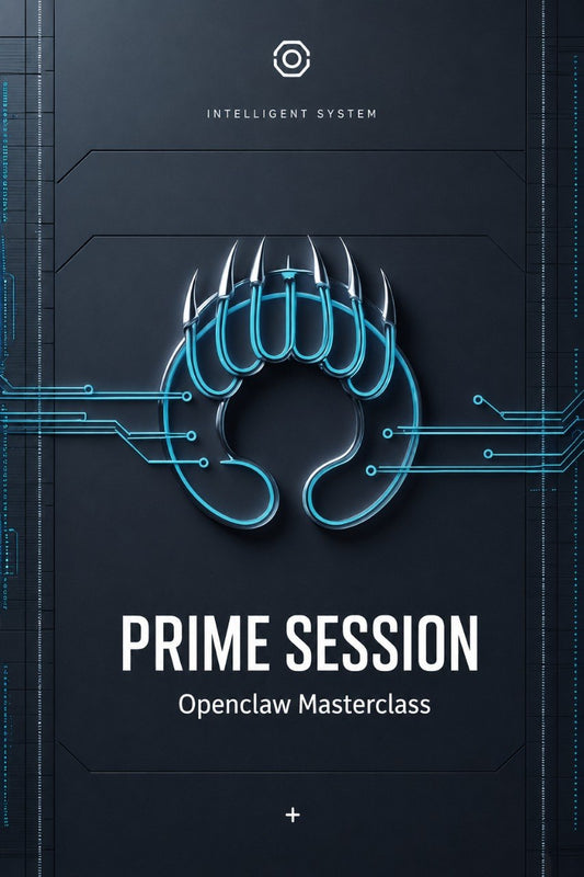 A digital cover graphic for the 'PRIME SESSION: Openclaw Masterclass' by Klyvenorixora. The design features a dark gray background with a glowing cyan stylized claw logo in the center, circuit board lines, and white text.