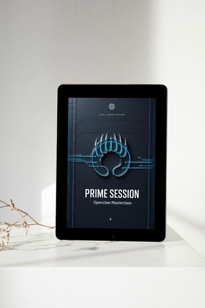 A tablet device displaying the 'PRIME SESSION'  styled on table against  light gray wall.