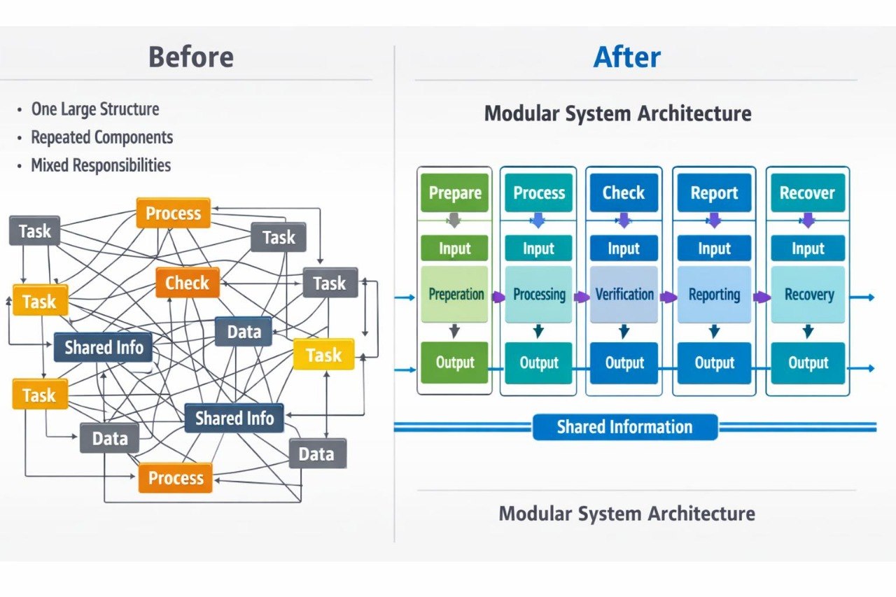 A digital infographic comparing 'Before' and 'After' states of systems engineering, presented on a dark chalkboard background. The left side, labeled 'Before', shows a cluttered, messy diagram with various tech icons, warning signs, and text like 'Separate Technical Skills' and 'Fragmented Project Plan'.