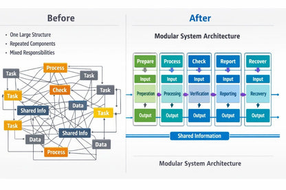 A digital infographic comparing 'Before' and 'After' states of systems engineering, presented on a dark chalkboard background. The left side, labeled 'Before', shows a cluttered, messy diagram with various tech icons, warning signs, and text like 'Separate Technical Skills' and 'Fragmented Project Plan'.