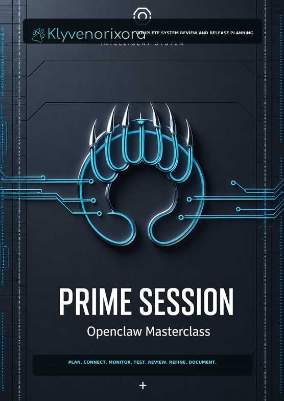 Promotional graphic for a 'Prime Session Openclaw Masterclass' featuring a stylized glowing blue claw logo on a dark gray background with circuit board details and text.