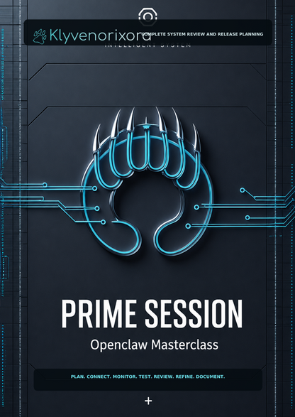 Promotional graphic for a 'Prime Session Openclaw Masterclass' featuring a stylized glowing blue claw logo on a dark gray background with circuit board details and text.