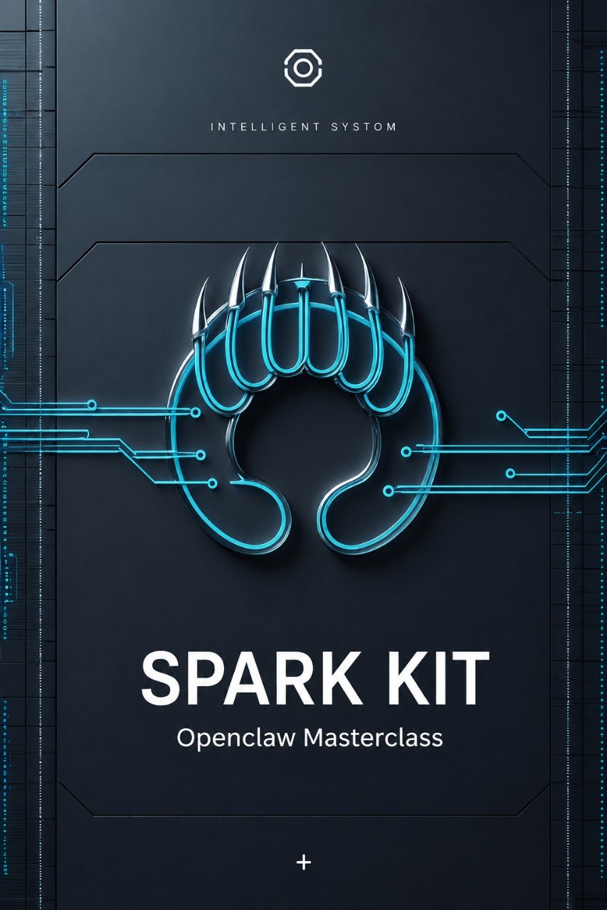 A digital cover graphic for the 'SPARK KIT: Openclaw Masterclass' by Klyvenorixora. The design features a dark gray background with a glowing cyan stylized claw logo in the center, circuit board lines, and white text.