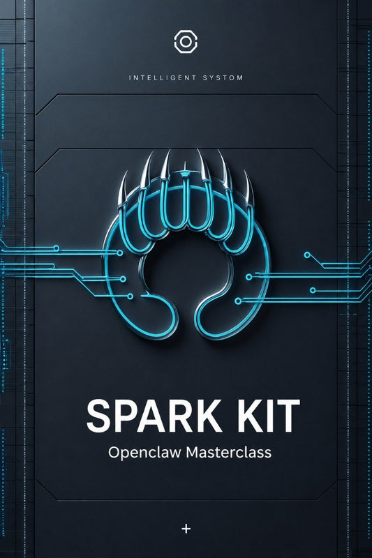 A digital cover graphic for the 'SPARK KIT: Openclaw Masterclass' by Klyvenorixora. The design features a dark gray background with a glowing cyan stylized claw logo in the center, circuit board lines, and white text.