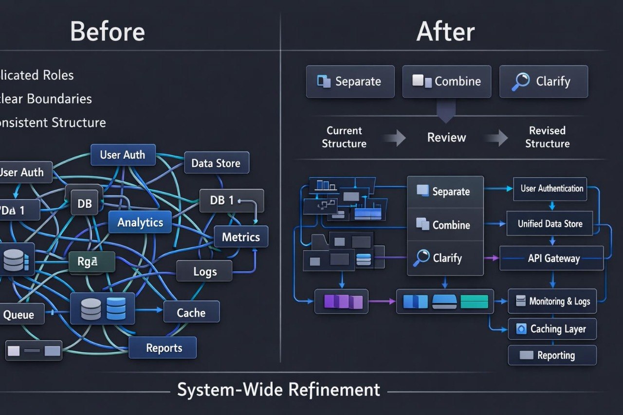 A digital infographic comparing 'Before' and 'After' states of systems engineering, presented on a dark chalkboard background. The left side, labeled 'Before', shows a cluttered, messy diagram with various tech icons, warning signs, and text like 'Separate Technical Skills' and 'Fragmented Project Plan'.
