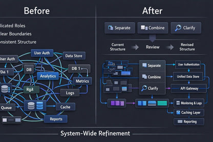 A digital infographic comparing 'Before' and 'After' states of systems engineering, presented on a dark chalkboard background. The left side, labeled 'Before', shows a cluttered, messy diagram with various tech icons, warning signs, and text like 'Separate Technical Skills' and 'Fragmented Project Plan'.