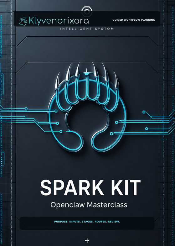 A digital cover graphic for the 'SPARK KIT: Openclaw Masterclass' by Klyvenorixora. The design features a dark gray background with a glowing cyan stylized claw logo in the center, circuit board lines, and white text.