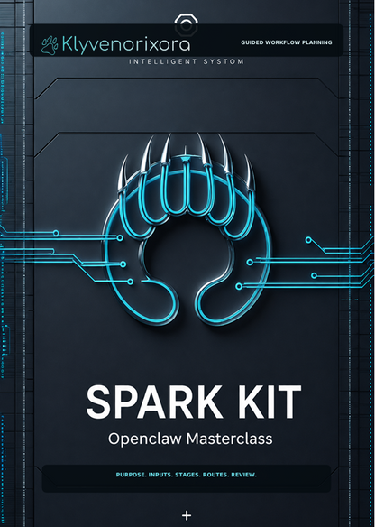 A digital cover graphic for the 'SPARK KIT: Openclaw Masterclass' by Klyvenorixora. The design features a dark gray background with a glowing cyan stylized claw logo in the center, circuit board lines, and white text.
