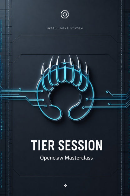 A digital cover graphic for the 'TIER SESSION: Openclaw Masterclass' by Klyvenorixora. The design features a dark gray background with a glowing cyan stylized claw logo in the center, circuit board lines, and white text.
