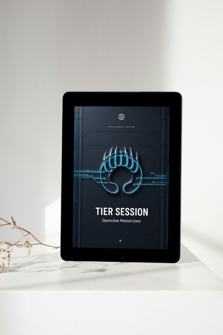 A tablet device displaying the 'TIER SESSION'  styled on table against  light gray wall.