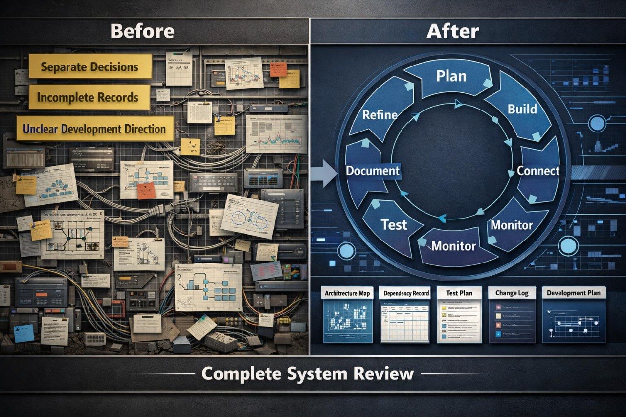 A digital infographic comparing 'Before' and 'After' states of systems engineering, presented on a dark chalkboard background. The left side, labeled 'Before', shows a cluttered, messy diagram with various tech icons, warning signs, and text like 'Separate Technical Skills' and 'Fragmented Project Plan'.