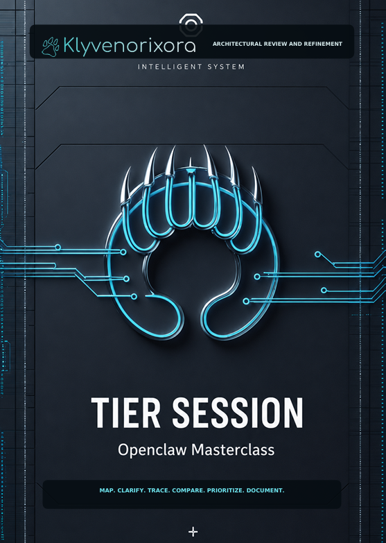 A digital cover graphic for the 'TIER SESSION: Openclaw Masterclass' by Klyvenorixora. The design features a dark gray background with a glowing cyan stylized claw logo in the center, circuit board lines, and white text.