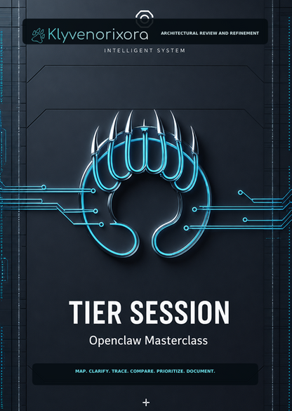 A digital cover graphic for the 'TIER SESSION: Openclaw Masterclass' by Klyvenorixora. The design features a dark gray background with a glowing cyan stylized claw logo in the center, circuit board lines, and white text.