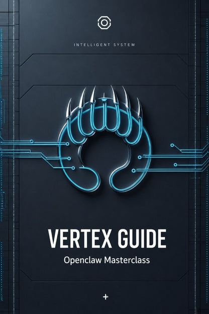 A digital cover graphic for the 'VERTEX GUIDE: Openclaw Masterclass' by Klyvenorixora. The design features a dark gray background with a glowing cyan stylized claw logo in the center, circuit board lines, and white text.