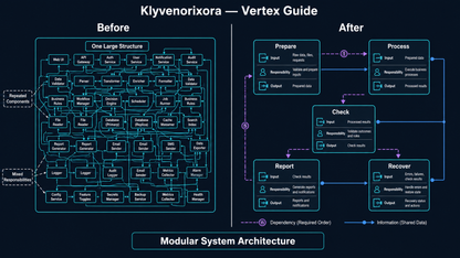 A dark-themed architectural comparison graphic titled 'Klyvenorixora — Vertex Guide' showing a before-and-after modular system architecture diagram. The left side, labeled 'Before,' depicts a dense one-large-structure layout with many interconnected boxes.